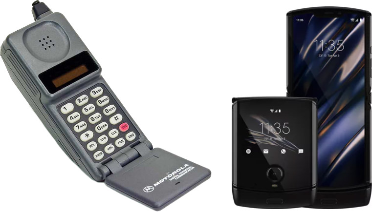 A side-by-side comparison of an old Motorola Razr flip phone and a modern Motorola Razr 5G foldable smartphone